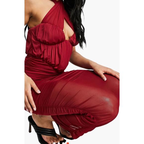 ASOS Design Burgundy Bodycon Halter mesh ruched midi dress Stretch in Size 12 - Picture 1 of 9